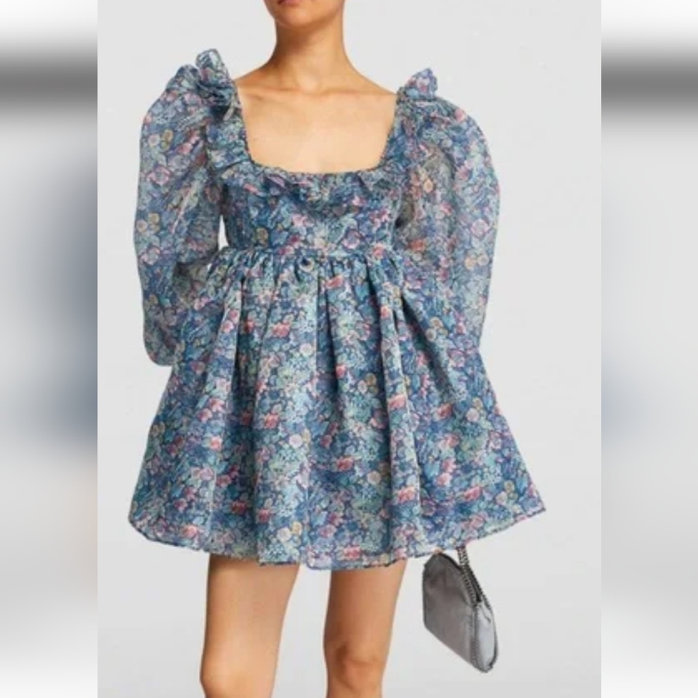 For Love Bell Floral Ruffle Square Neck Puff Sleeves Mini Dress Size S Romantic
